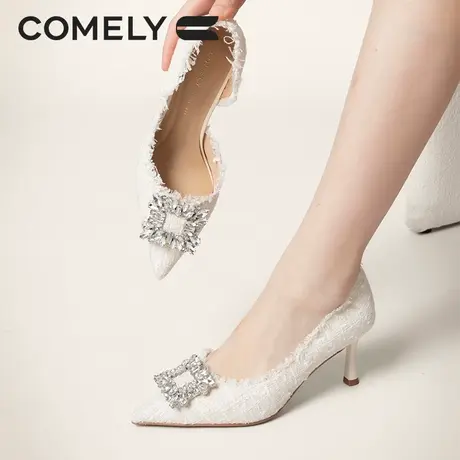 KL单鞋女细跟夏商场同款水钻方扣高跟尖头晚宴鞋高级感包头凉鞋图片