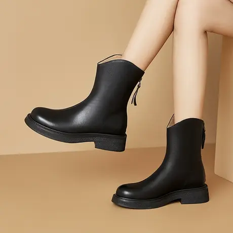 浓情漫宇真皮柔软舒适牛皮软皮圆头时尚短靴后拉链百搭显瘦烟筒靴商品大图