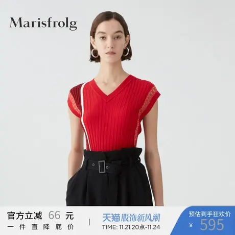 Marisfrolg玛丝菲尔女装2021年夏季新款红色条纹针织衫上衣薄款商品大图