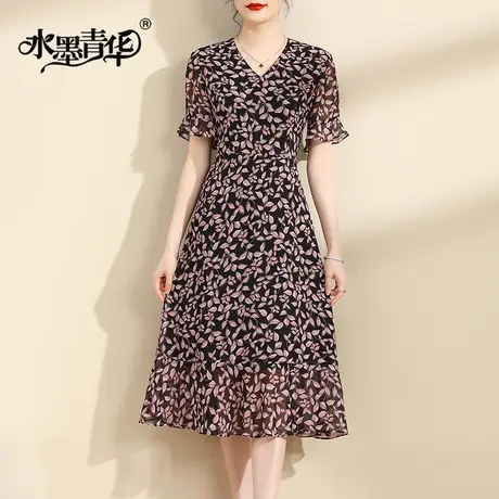 水墨青华2024夏季新款百搭显瘦荷叶边裙时尚花色短袖雪纺连衣裙商品大图