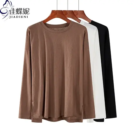 秋季新款韩版圆领宽松休闲侧开叉中长款纯棉长袖体恤上衣外穿女装商品大图