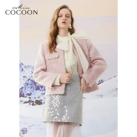MISSCOCOON千金玛德琳2023冬装新款女粗花呢珍珠珠链短款外套商品大图