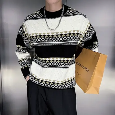 菱格提花高级感秋冬季宽松毛衣小众设计感花色轻熟内搭毛线针织衫商品大图