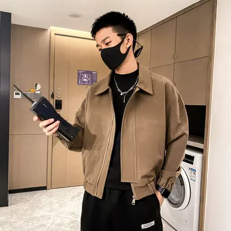 秋季男夹克工装宽松翻领潮流休闲机车满天星快手时尚ins外套上衣图片