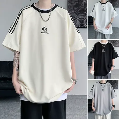 条纹冰丝t恤男夏季衣服美式高街半袖ins潮牌潮流男装短袖体恤上衣商品大图