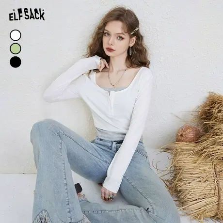 妖精的口袋假两件长袖t恤女2023秋季新款修身短款小个子防晒上衣图片
