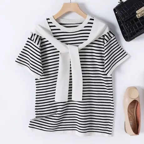 2023夏季新品条纹圆领针织衫T恤女士拼接披肩短袖毛衣学院风上衣图片
