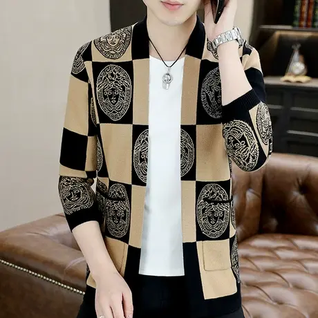 春秋季潮牌时尚ins男士开衫百搭外穿毛衣提花针织外套高质感男装商品大图