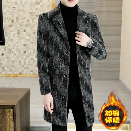 冬季时尚高端毛呢大衣男士中长款休闲气质加棉加厚金貂绒外套风衣图片