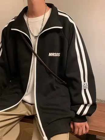 春秋季新款条纹拉链开衫卫衣男oversize2024潮流立领休闲宽松外套商品大图