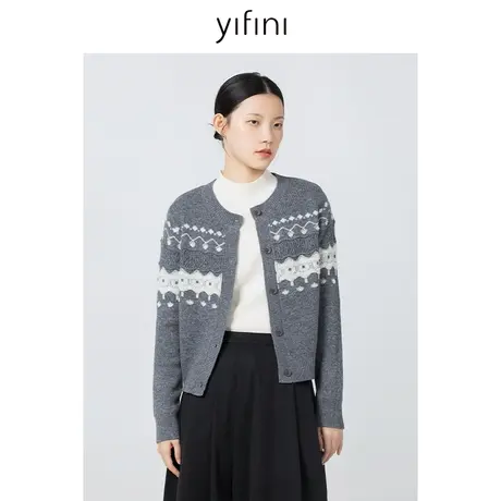 Yifini/易菲宽松长袖毛织外套女秋冬新款百搭通勤针织开衫商品大图