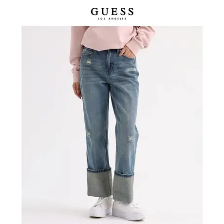GUESS女士笔挺磨毛大翻边破洞高腰牛仔裤-Q3PA67D51V0商品大图