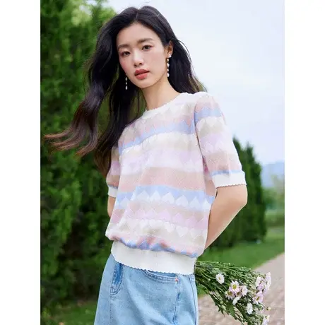时尚气质短袖针织衫2023年夏季新款淑女温柔甜美圆领显瘦通勤上衣商品大图