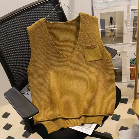 马甲背心针织女宽松外穿2025春装新款洋气口袋纯色V领毛衣坎肩图片