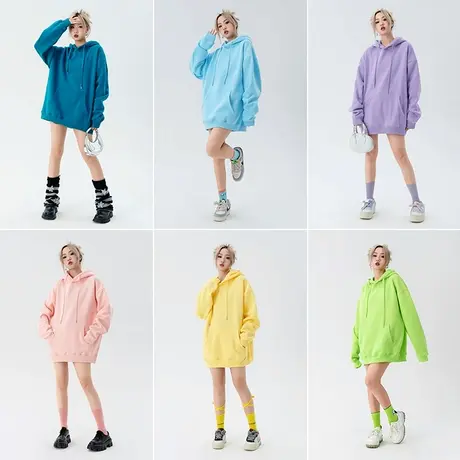 基础彩色卫衣女秋冬季加绒加厚韩版宽松oversize连帽上衣外套女款图片