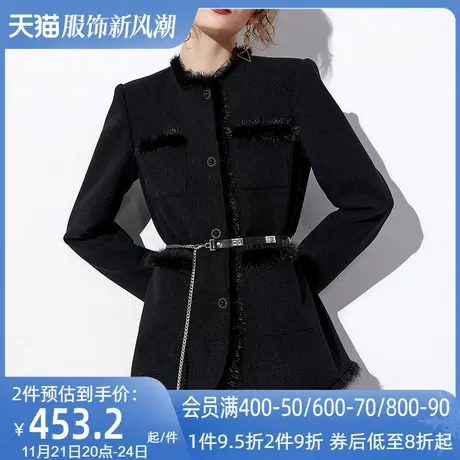 AUI黑色名媛气质小香风外套女2024秋冬新款欧美风圆领修身上衣厚图片