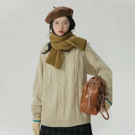 omont蛋挞家 圆领绞花毛衣女秋冬新款设计感宽松慵懒风针织上衣商品大图