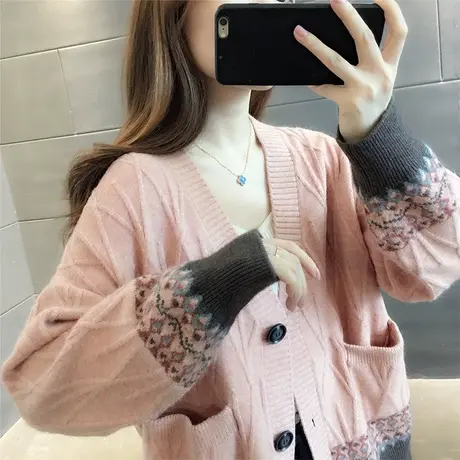 2023秋冬新款韩版网红拼色针织开衫女V领淑女风外搭宽松毛衣外套商品大图