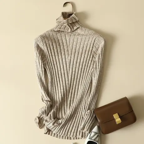 秋冬新款堆堆领树皮高领套头针织衫女士洋气纯色修身毛衣女打底衫商品大图