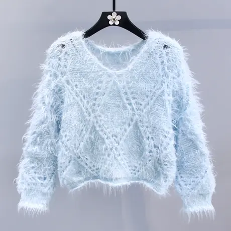 日系温柔风镂空菱形毛衣女秋冬2023新款宽松高级感洋气针织衫上衣商品大图