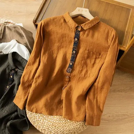 享永子盐系亚麻衬衫女文艺复古港味百搭棉麻上衣衬衣2023春夏新款商品大图