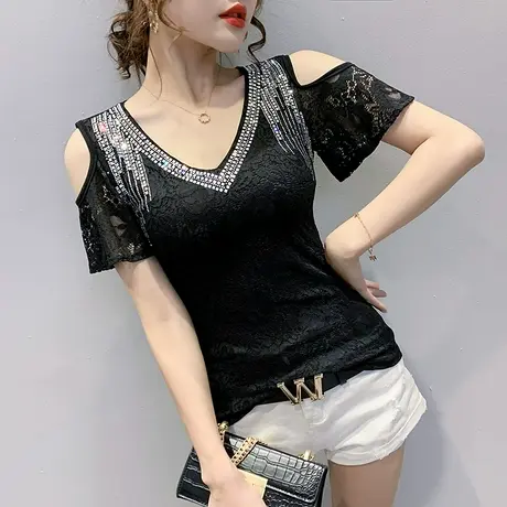 2023新款气质女装性感露肩蕾丝短袖T恤女夏潮设计感烫钻洋气上衣商品大图