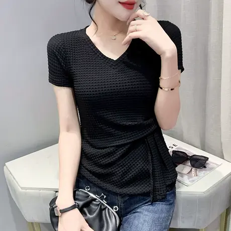 欧货性感V领T恤女短袖夏季洋气修身网纱小衫设计感小众不规则上衣商品大图