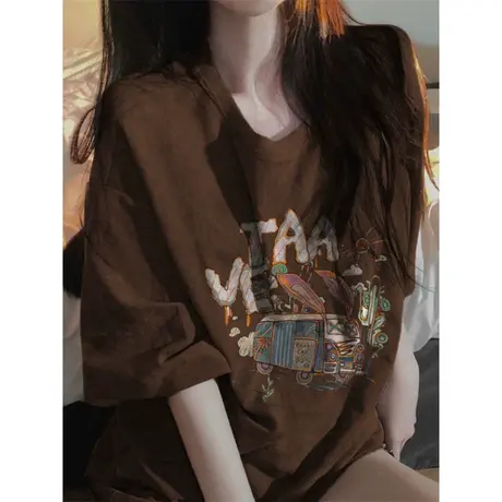 美式复古短袖t恤女2023夏季新款oversize宽松半袖体恤中长款上衣商品大图