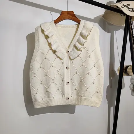 木耳边针织马甲开衫女春秋新款宽松v领菱格重工钉珠无袖毛衣外套商品大图