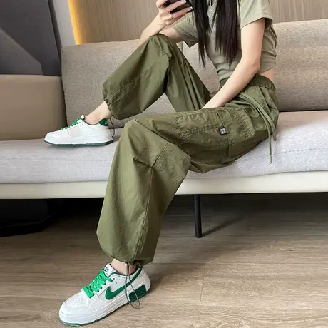 美式速干军绿色工装裤女春秋新款高腰显瘦阔腿宽松休闲束脚运动裤商品大图