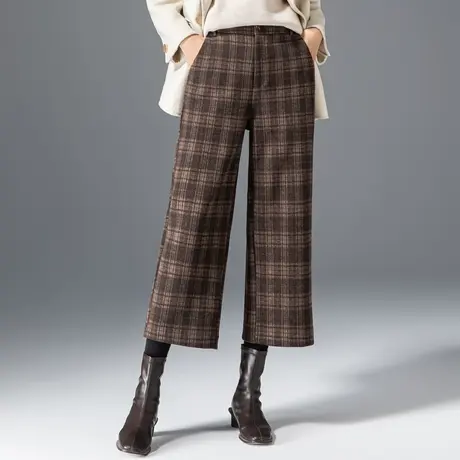 七分毛呢阔腿裤女秋冬格子裤九分妈妈裤子宽松小个子八分裤直筒裤商品大图