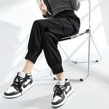 工装裤女加绒秋冬款高腰开叉ins潮休闲小个子宽松阔腿哈伦束脚裤商品大图