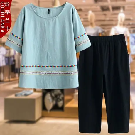 胖妈妈夏装套装刺绣短袖T恤中年加肥加大码女装棉麻两件套200斤商品大图