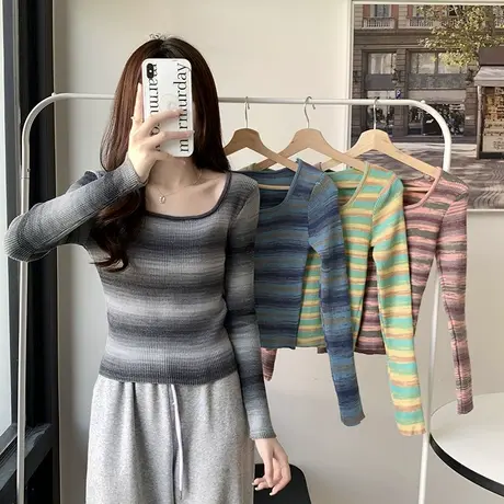 正肩长袖T恤女2023秋装新款内搭修身显瘦条纹针织打底衫上衣冬季商品大图