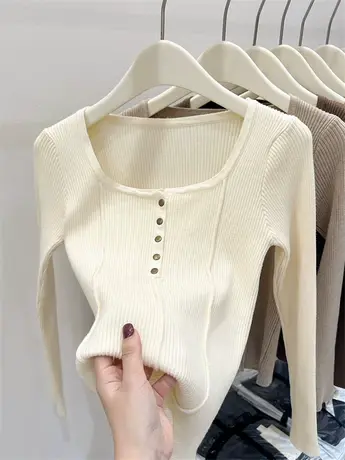 低圆领打底衫女秋冬毛衣内搭独特别致短款锁骨方领上衣针织衫女潮商品大图