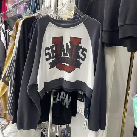 美式复古撞色拼接短款长袖t恤卫衣女宽松显瘦印花圆领百搭上衣潮商品大图