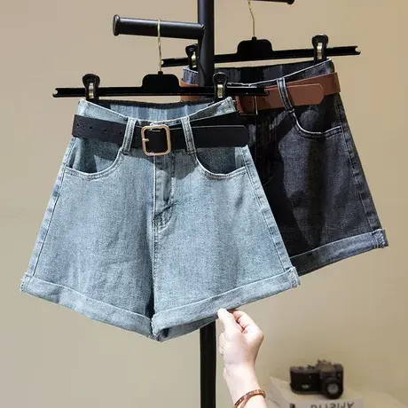 牛仔短裤女夏宽松高腰2023新款韩版显高显瘦卷边阔腿百搭a字热裤图片