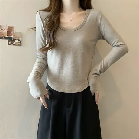 网红t恤女ins超火正肩短款修身长袖内搭德绒打底衫加绒加厚上衣潮商品大图