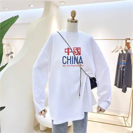 ins早秋t恤女长袖2021年春秋装新款宽松大码胖mm国潮复古chic上衣商品大图