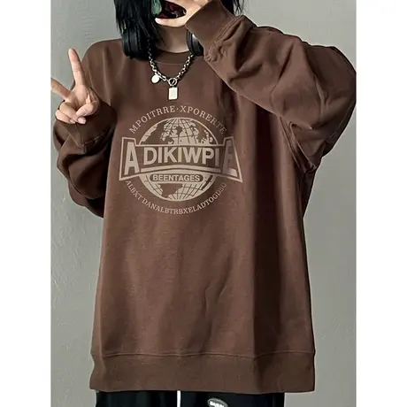 美式复古卫衣超火cec秋冬加绒加厚上衣潮ins嘻哈大码宽松圆领外套商品大图