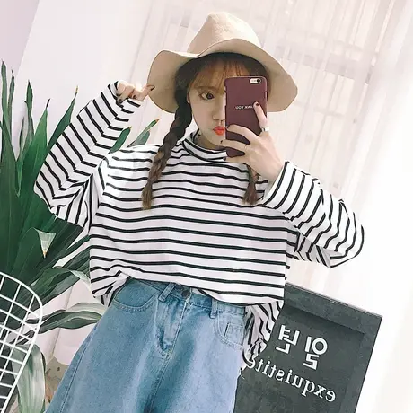 2024年新款春秋冬季黑色条纹上衣内搭白色半高领打底衫女长袖t恤图片