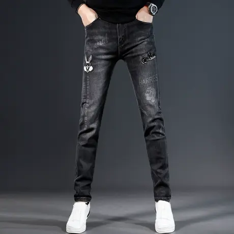 刺绣牛仔裤男款2023新款秋冬季男士弹力修身小脚时尚印花潮流裤子商品大图