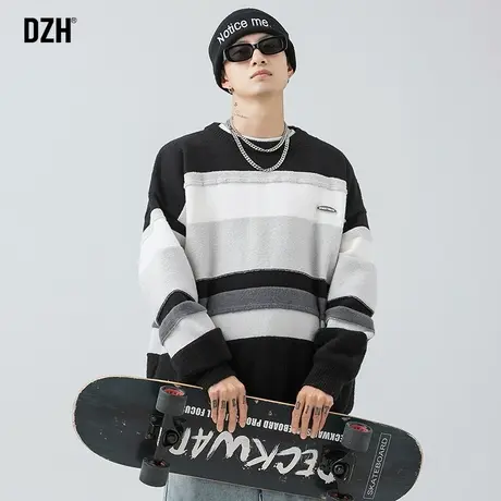 男士撞色条纹毛衣男圆领秋冬潮牌长袖上衣男款针织毛线衣套头衣服商品大图