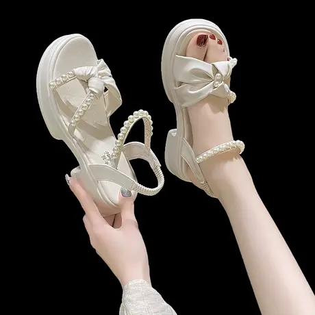 蝴蝶结珍珠一字带凉鞋女夏季2024年新款厚底百搭露趾罗马仙女鞋子图片