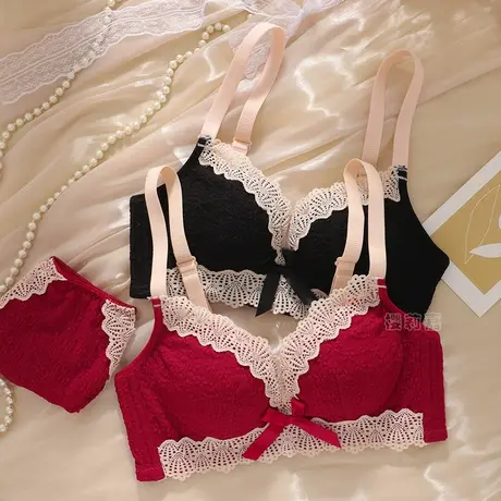 红色内衣女新娘结婚性感聚拢收副乳本命年小胸显大加厚款文胸套装商品大图