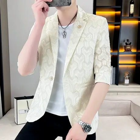 夏季高级感七分袖西服外套男潮牌拼接镂空薄款个性帅气中袖小西装商品大图