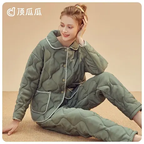顶瓜瓜秋冬季女士翻领开襟睡衣三层夹棉加厚保暖家居服套装商品大图