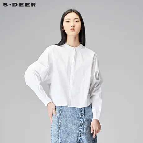sdeer圣迪奥2019春装打底上衣圆领蝙蝠袖长袖白色衬衫女S18180511图片