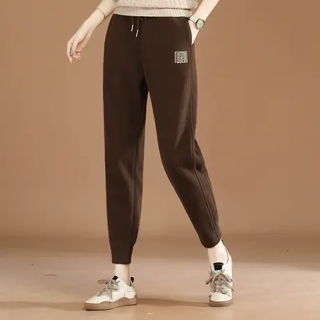 韩潮袭人松紧腰刺绣加绒卫裤女2023冬季新款束脚休闲运动裤子厚图片