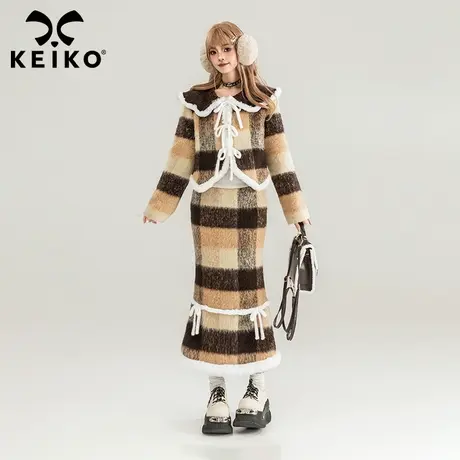 KEIKO 美拉德复古套装裙秋冬富家千金格子毛呢短外套+显瘦包臀裙图片